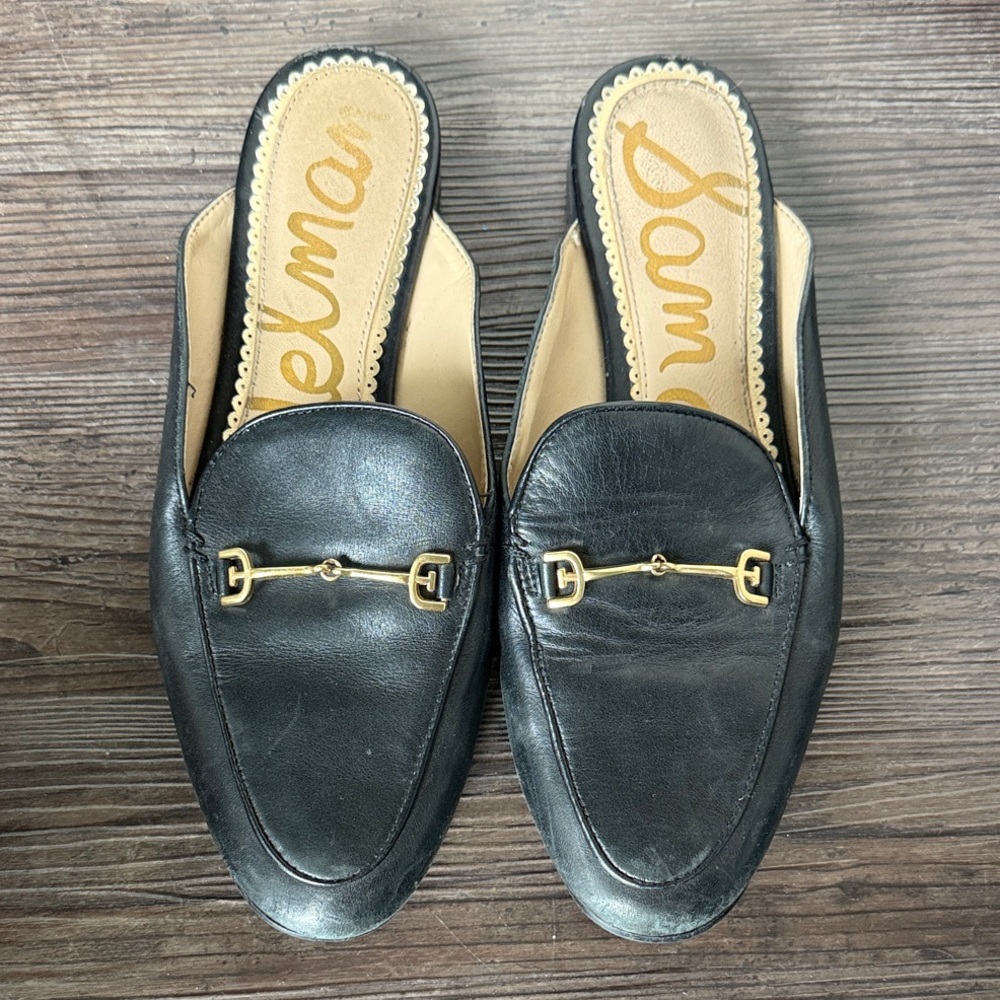 Sam Edelman Black Leather Loafers with Gold Accents